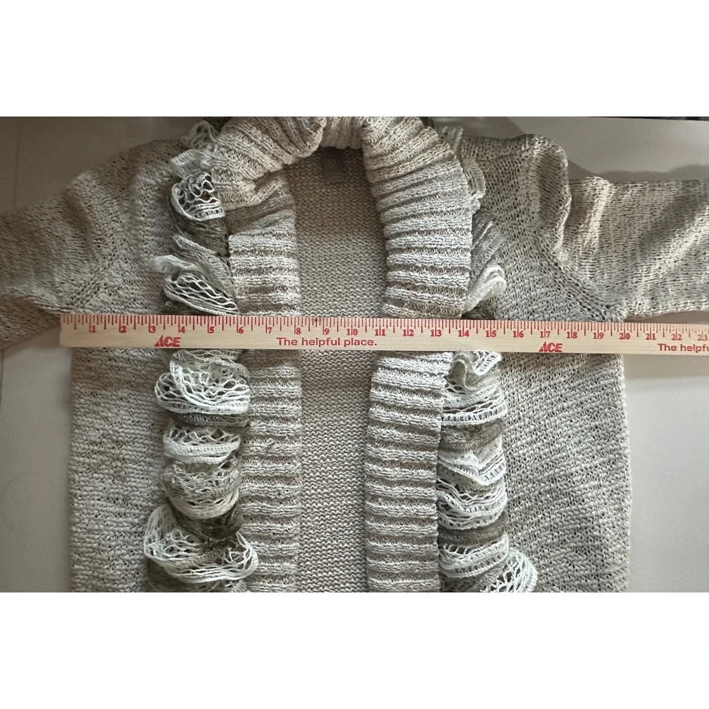 Chicos‎ Open Front Knit Cardigan Sweater Sz 0, Small Ruffle Scarf Neutral Cotton